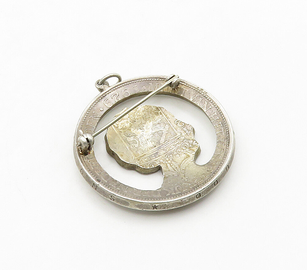 925 Sterling Silver  Vintage Antique Netherlands Queen Coin Brooch Pin  BP6273