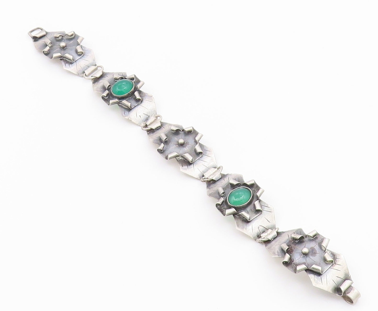EUROPEAN 925 Silver  Vintage Green Carnelian Modernist Chain Bracelet  BT8068