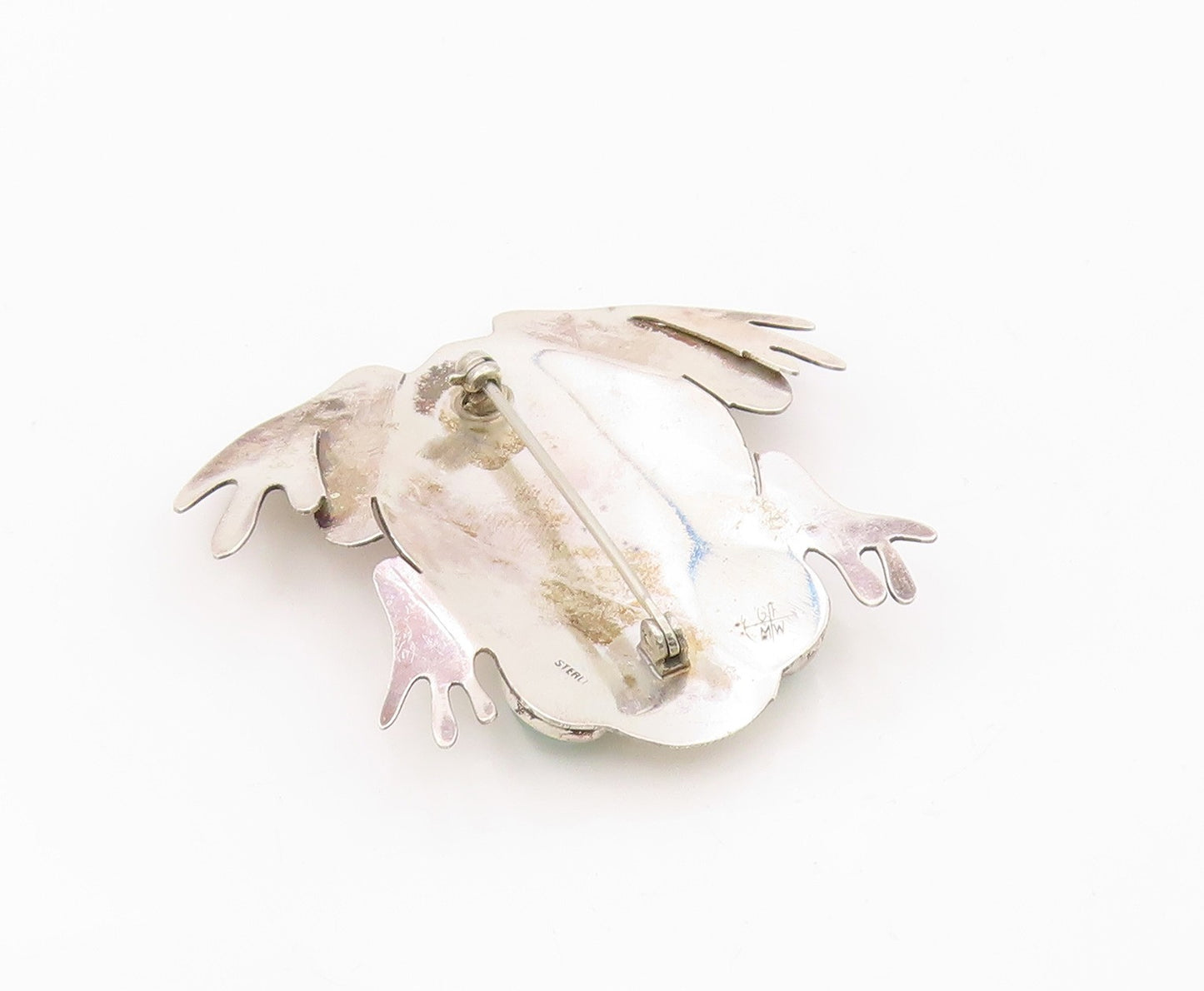 925 Sterling Silver Vintage Brooch Pin GFMW Green Jade Eye Figural Frog  BP12572