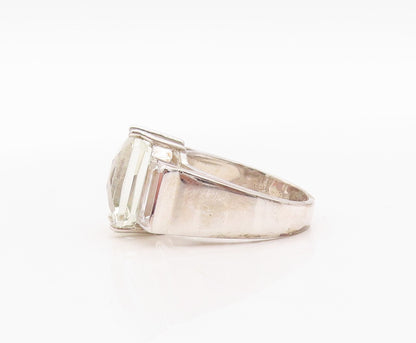 925 Sterling Silver Vintage Ring Rectangle Green Amethyst & Topaz  Sz 8  RG30012