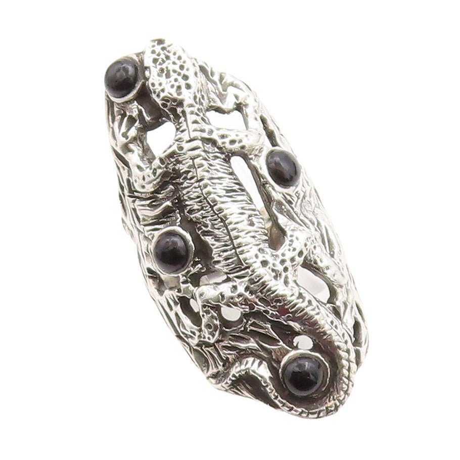 925 Sterling Silver Vintage Ring Long Lizard Black Onyx  Sz 6  RG31376