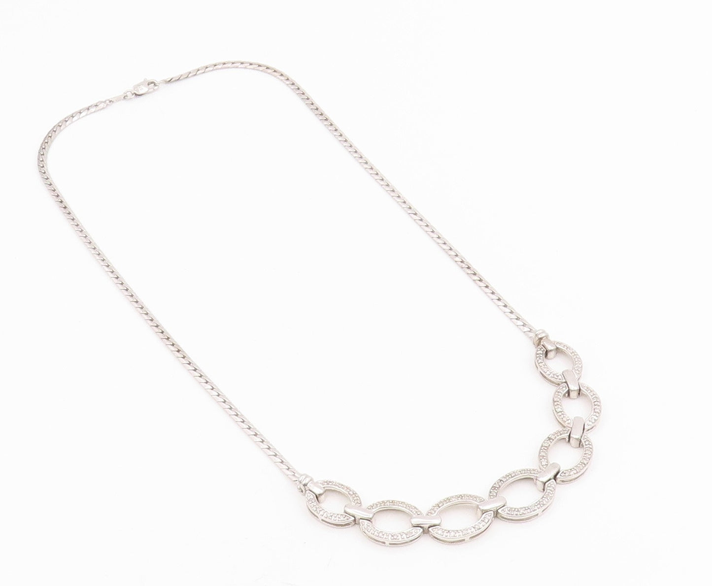 925 Sterling Silver Vintage Necklace Genuine Diamonds Elegant Oval Link  NE4755
