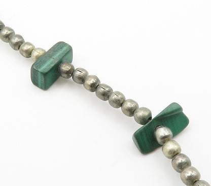 925 Sterling Silver  Vintage Malachite Beaded Smooth Chain Bracelet  BT5916