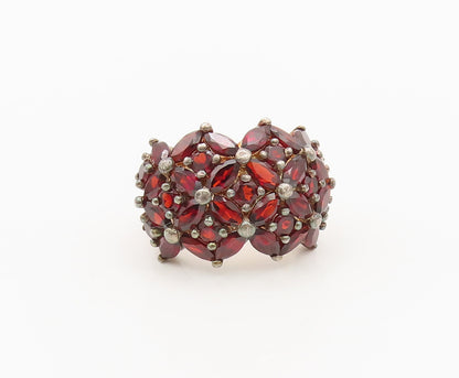 925 Silver  Vintage Red Topaz Beaded Flower Broad Band Ring Sz 7  RG27169