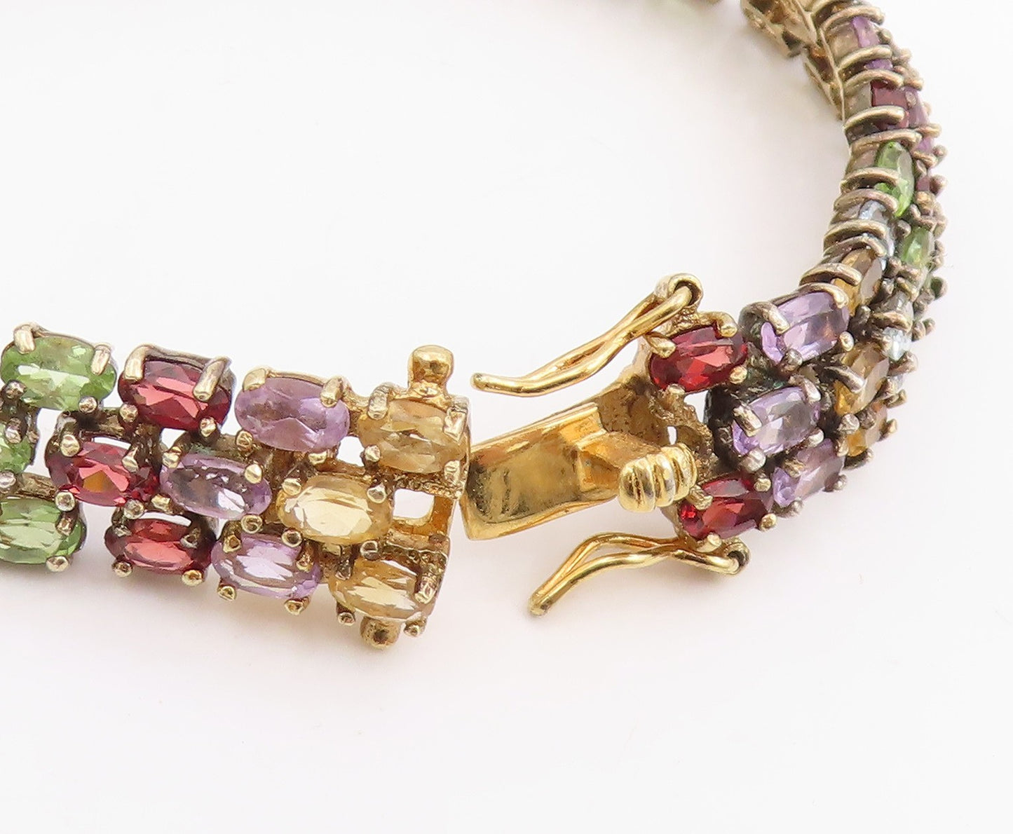 925 Sterling Silver Vintage Bracelet Gold Plated Multi Gemstone Link  BT11833