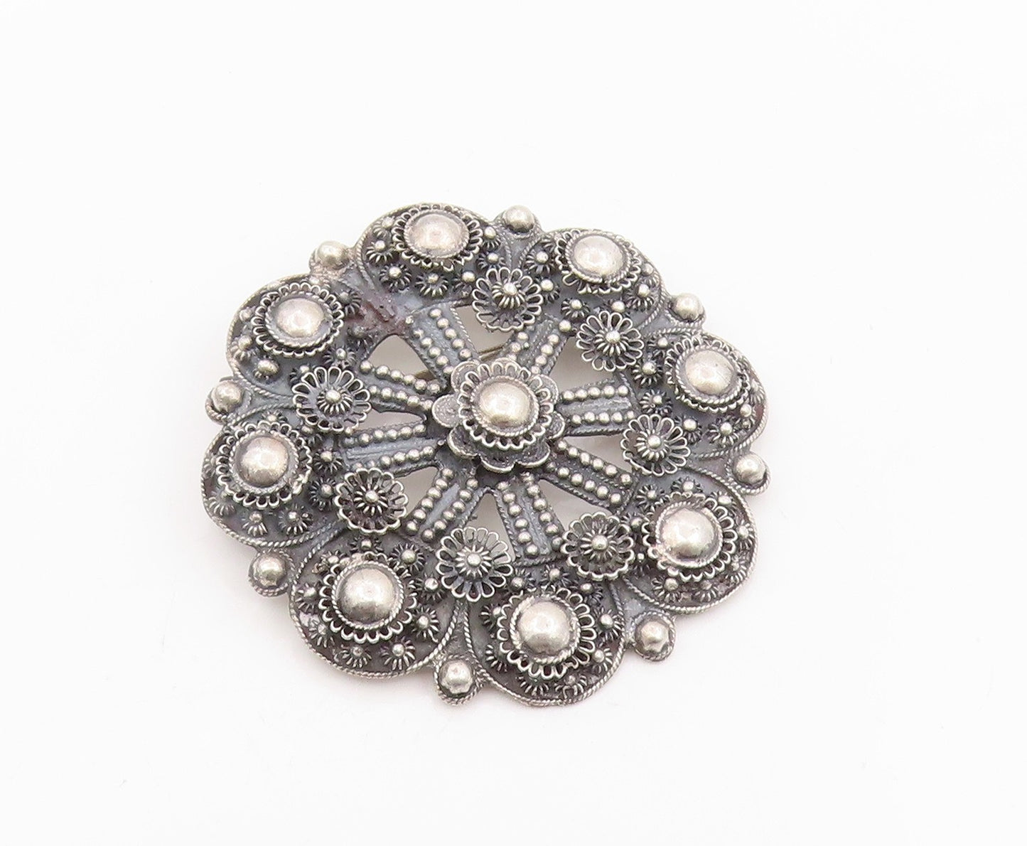 925 Sterling Silver Vintage Brooch Pin Classic Sunburst Floral Filigree  BP12395
