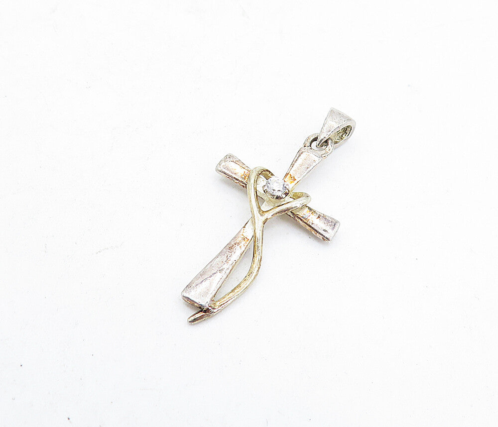 925 Sterling Silver  Vintage Cubic Zirconia Religious Cross Pendant  PT3970