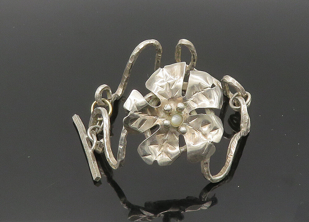 925 Sterling Silver  Vintage Mother Of Pearl Flower Chain Bracelet  BT8249
