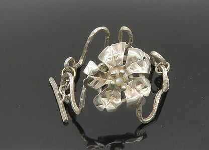925 Sterling Silver  Vintage Mother Of Pearl Flower Chain Bracelet  BT8249