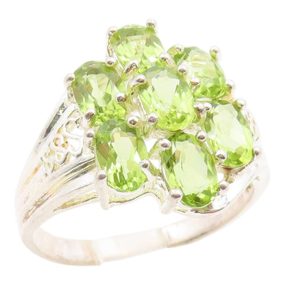 925 Sterling Silver Vintage Ring Elegant Peridot Floral Cluster  Sz 10  RG36075