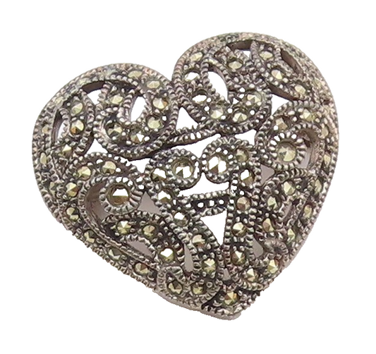 JUDITH JACK 925 Silver  Vintage Marcasite Swirl Love Heart Brooch Pin  BP3299