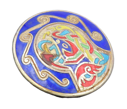 EUROPE 925 Sterling Silver  Vintage Swirly Enameled Round Brooch Pin  BP10463