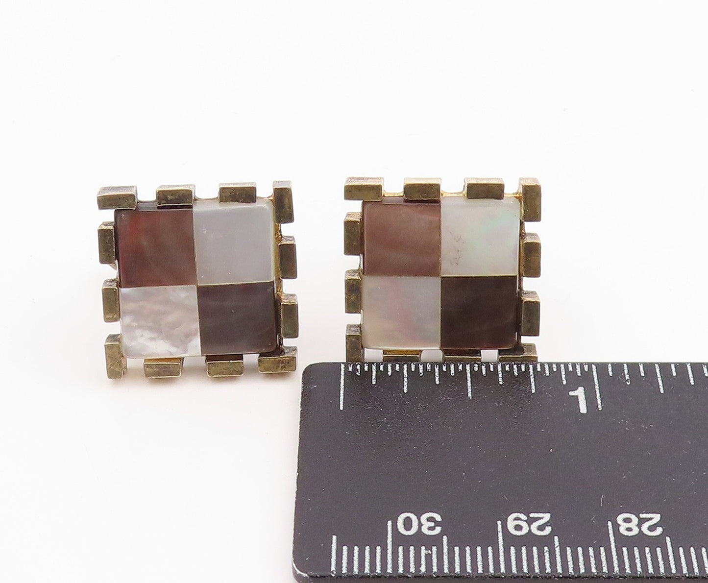 925 Sterling Silver Vintage Cuff Links Mother Of Pearl Checkerboard Pair TR4056