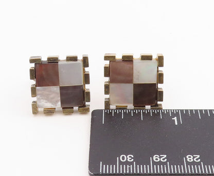 925 Sterling Silver Vintage Cuff Links Mother Of Pearl Checkerboard Pair TR4056