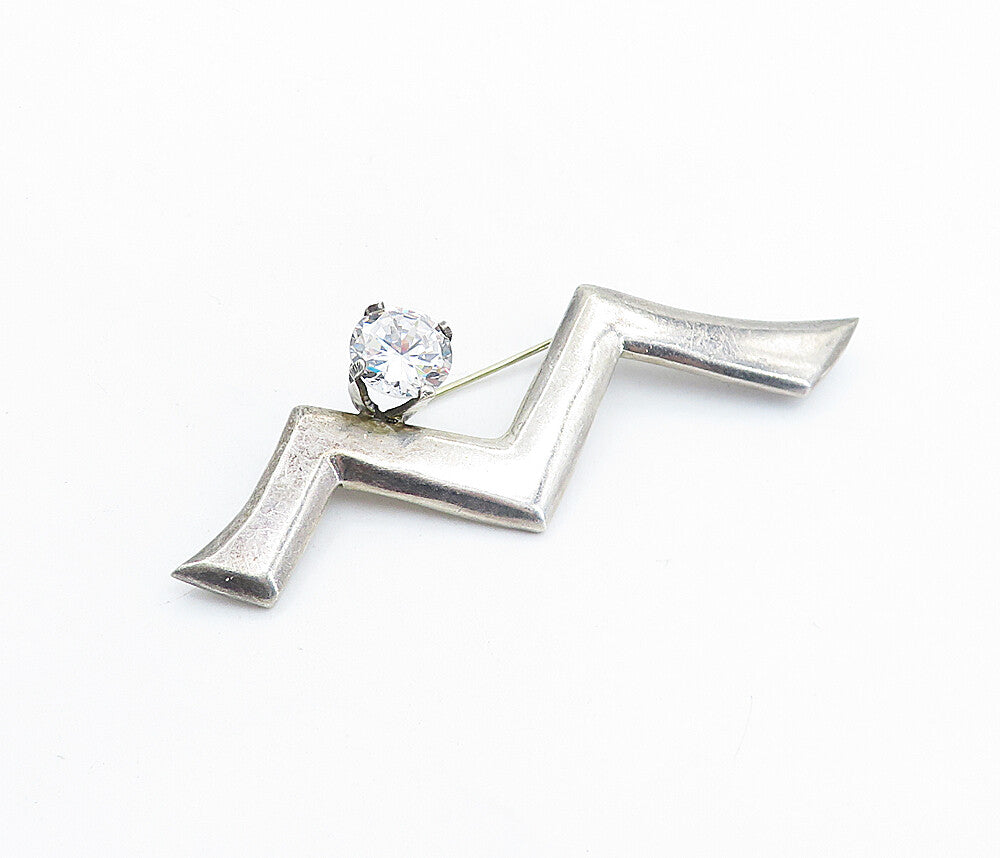 925 Sterling Silver Vintage Cubic Zirconia Zig Zag Design Brooch Pin BP2341