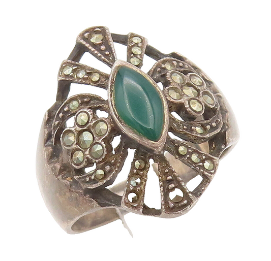 925 Sterling Silver Vintage Ring Cutout Marcasite Flower Jade Sz 10.5  RG27994