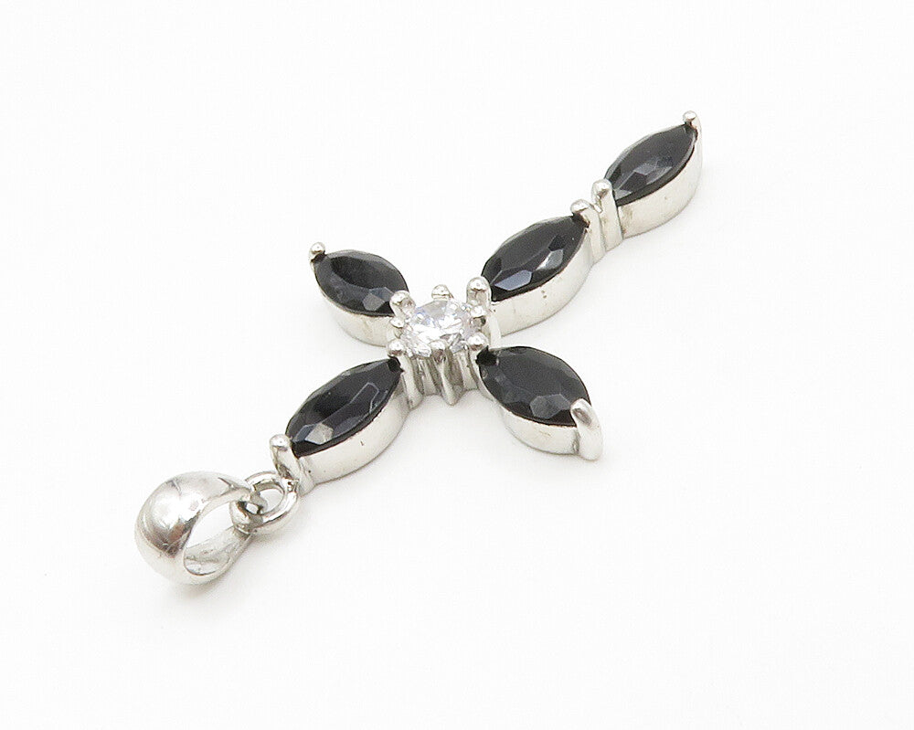 925 Sterling Silver  Hematite & Cubic Zirconia Religious Cross Pendant PT10875