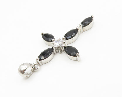 925 Sterling Silver  Hematite & Cubic Zirconia Religious Cross Pendant PT10875