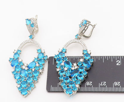 925 Sterling Silver Vintage Earrings Blue Topaz & CZ Cluster Clip On  EG13855