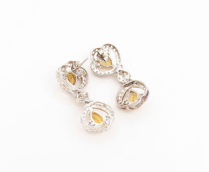 925 Sterling Silver Vintage Earrings Citrine & Halo Topaz Elegant Dangle EG14163