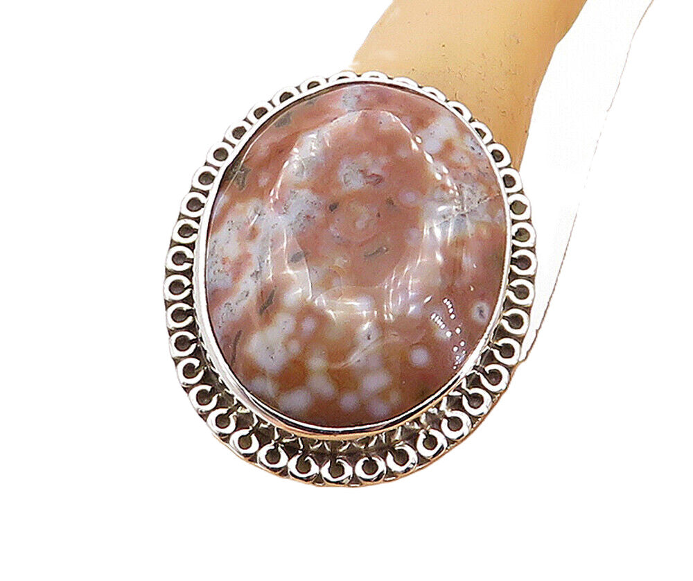 925 Sterling Silver  Jasper Shiny Swirl Border Cocktail Ring Sz 9  RG7997