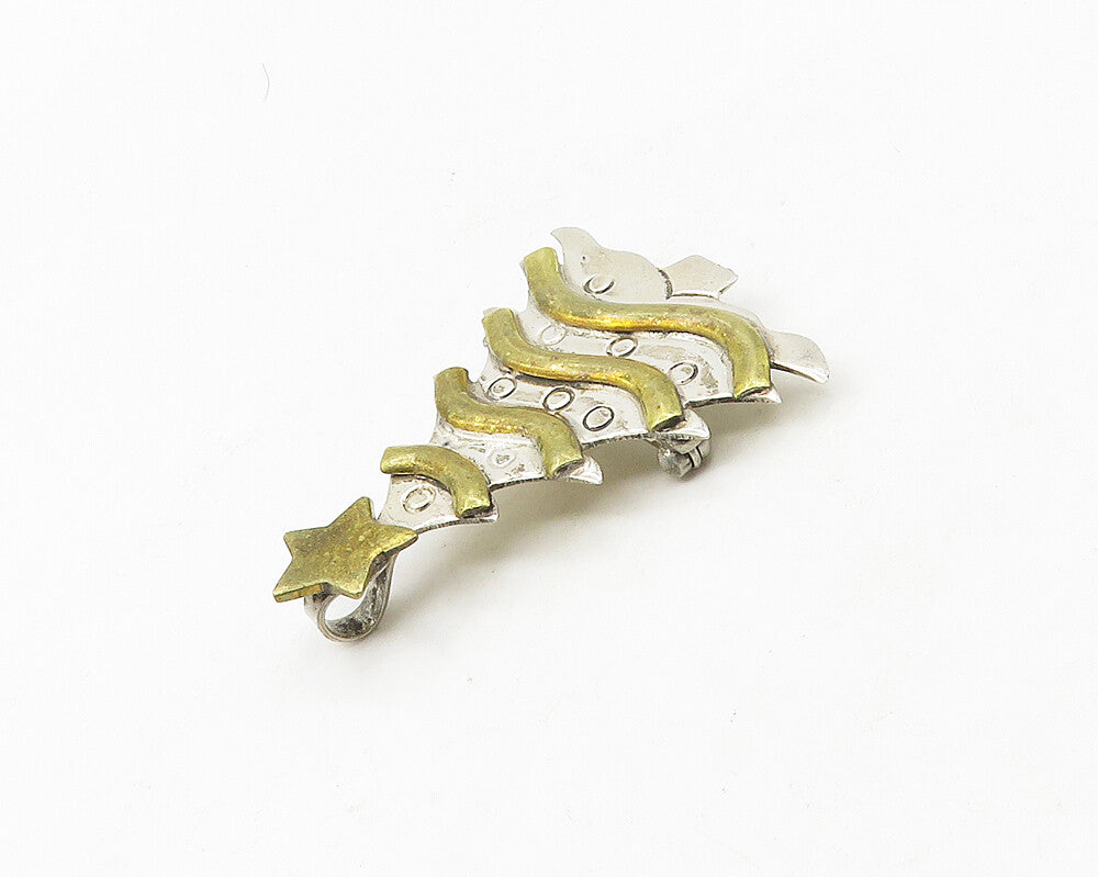 MEXICO 925 Sterling Silver  Vintage Two Tone Christmas Tree Brooch Pin  BP7404
