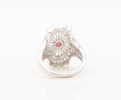 925 Sterling Silver Vintage Ring Floral Design Cutout Garnet Inlay Sz 7  RG30466