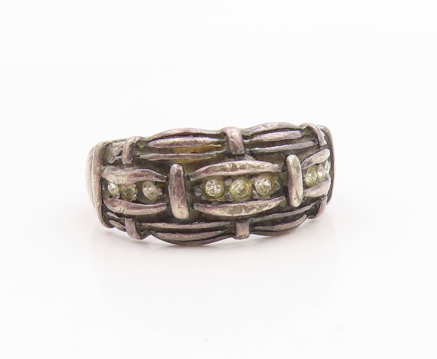 925 Sterling Silver Vintage Ring POLAND Topaz Etched Tree Bark Band Sz 9 RG35781