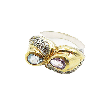 925 Sterling Silver Amethyst Topaz & Marcasite Two Tone Band Ring Sz 8  RG9275