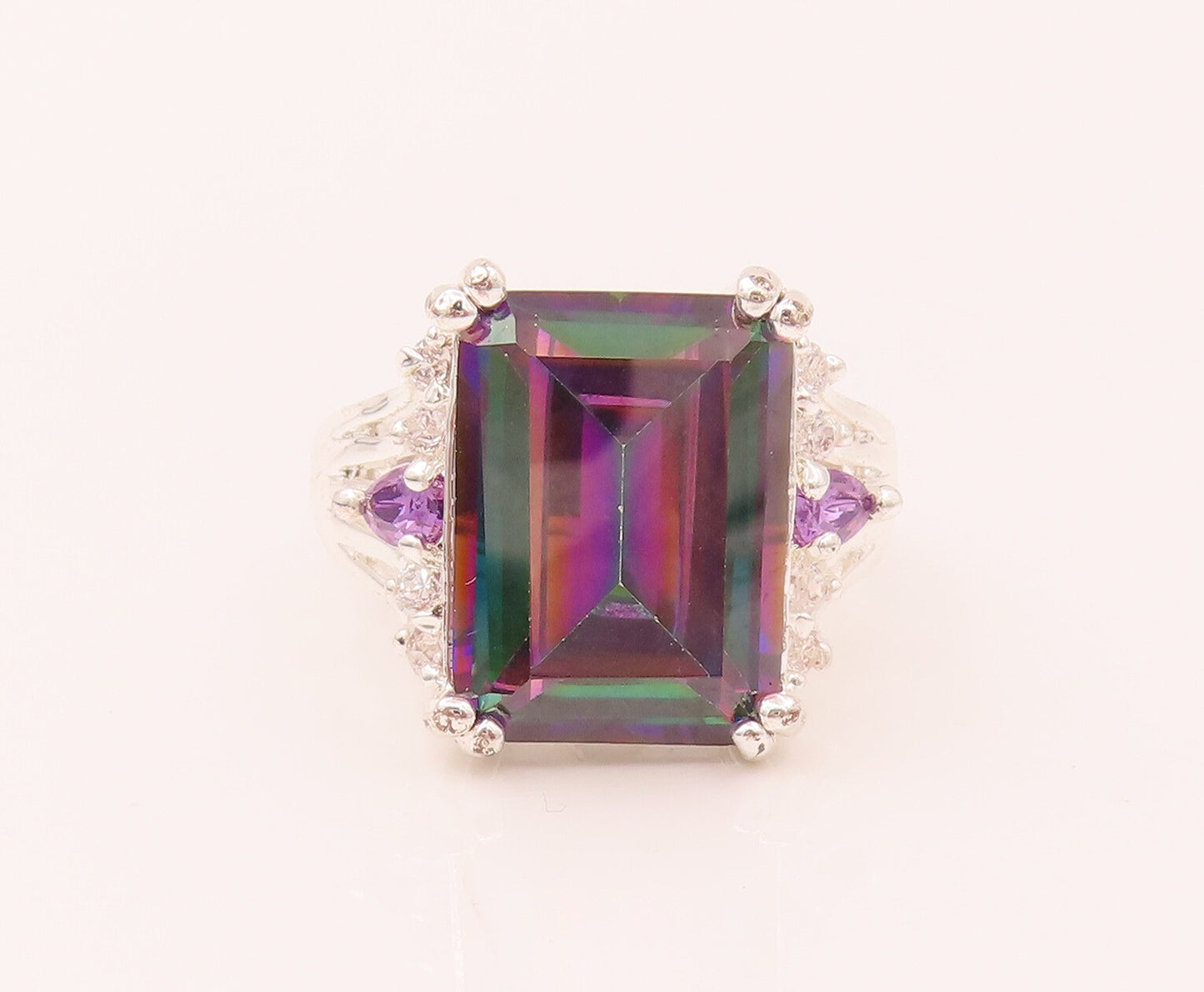 925 Silver  Vintage Rectangular Mystic Topaz Amethyst & CZ Ring Sz 10  RG26566