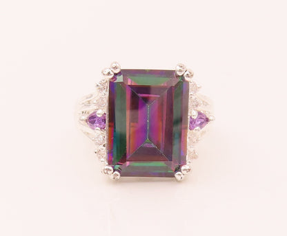 925 Silver  Vintage Rectangular Mystic Topaz Amethyst & CZ Ring Sz 10  RG26566