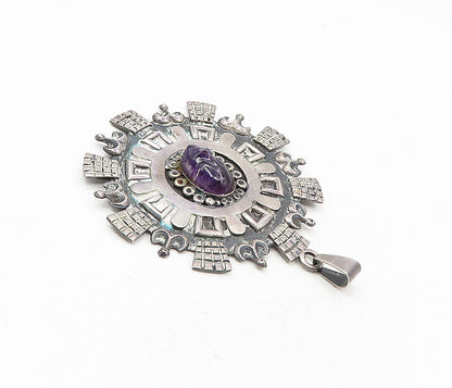LOS BALLESTEROS 925 Silver Vintage Amethyst Carved Face Large Pendant PT6782