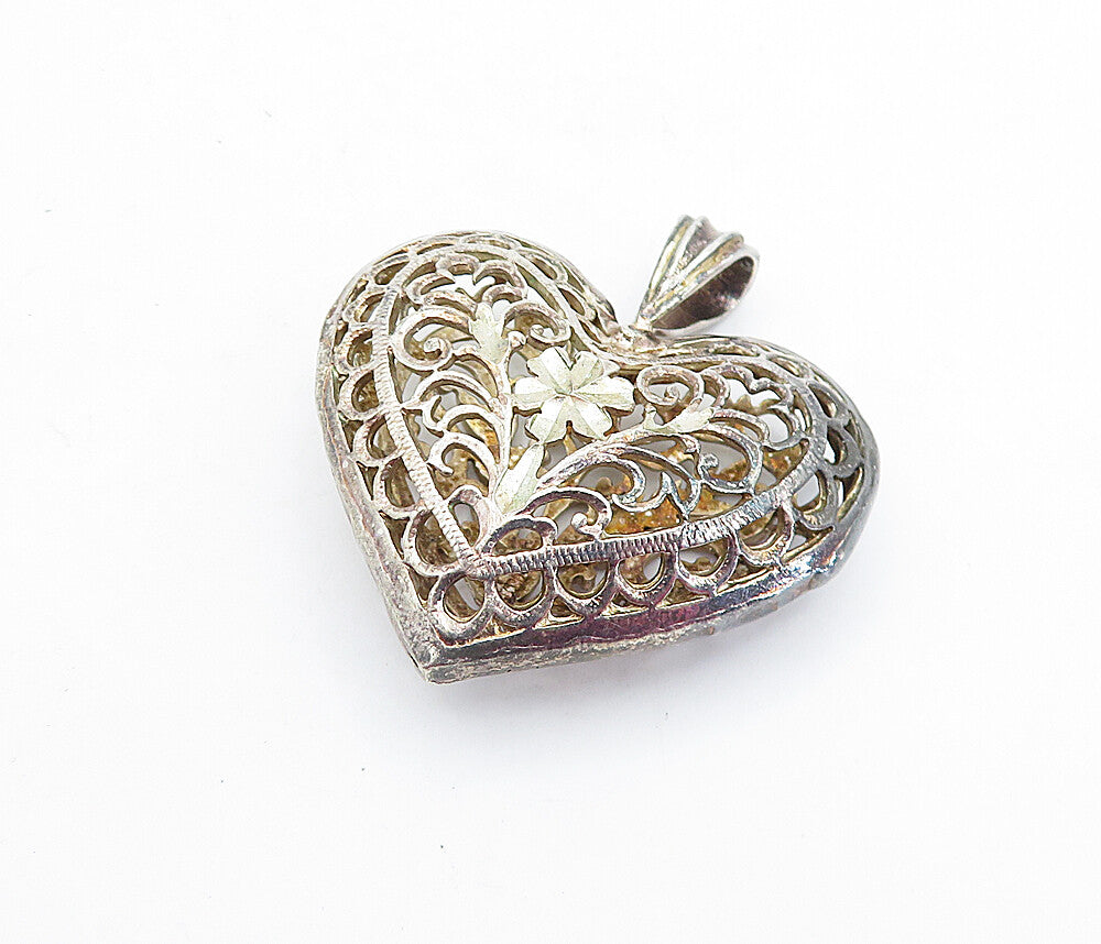 925 Sterling Silver  Vintage Dark Tone Floral Swirl Vine Heart Pendant  PT3832