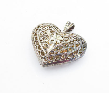 925 Sterling Silver  Vintage Dark Tone Floral Swirl Vine Heart Pendant  PT3832