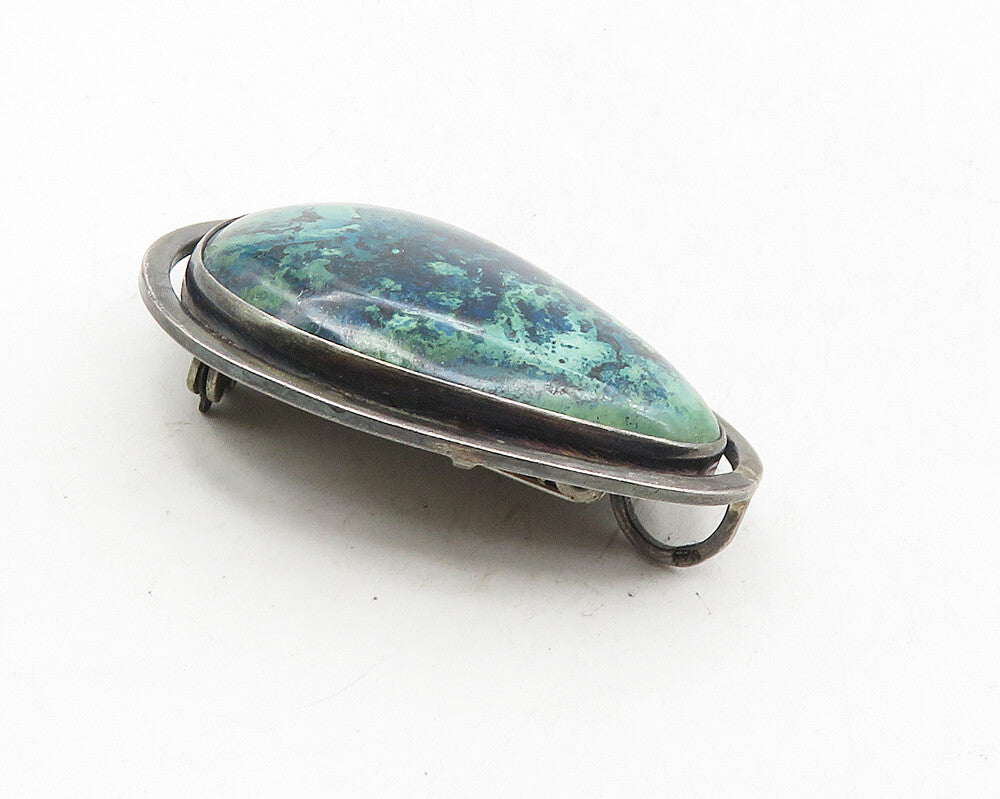 ISRAEL 925 Sterling Silver  Vintage Chrysocolla Dark Tone Brooch Pin  BP4090