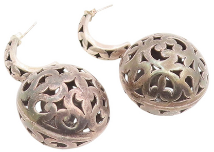 BALI 925 Silver  Vintage Cutout Pattern Puffy Ball Dangle Earrings  EG11562