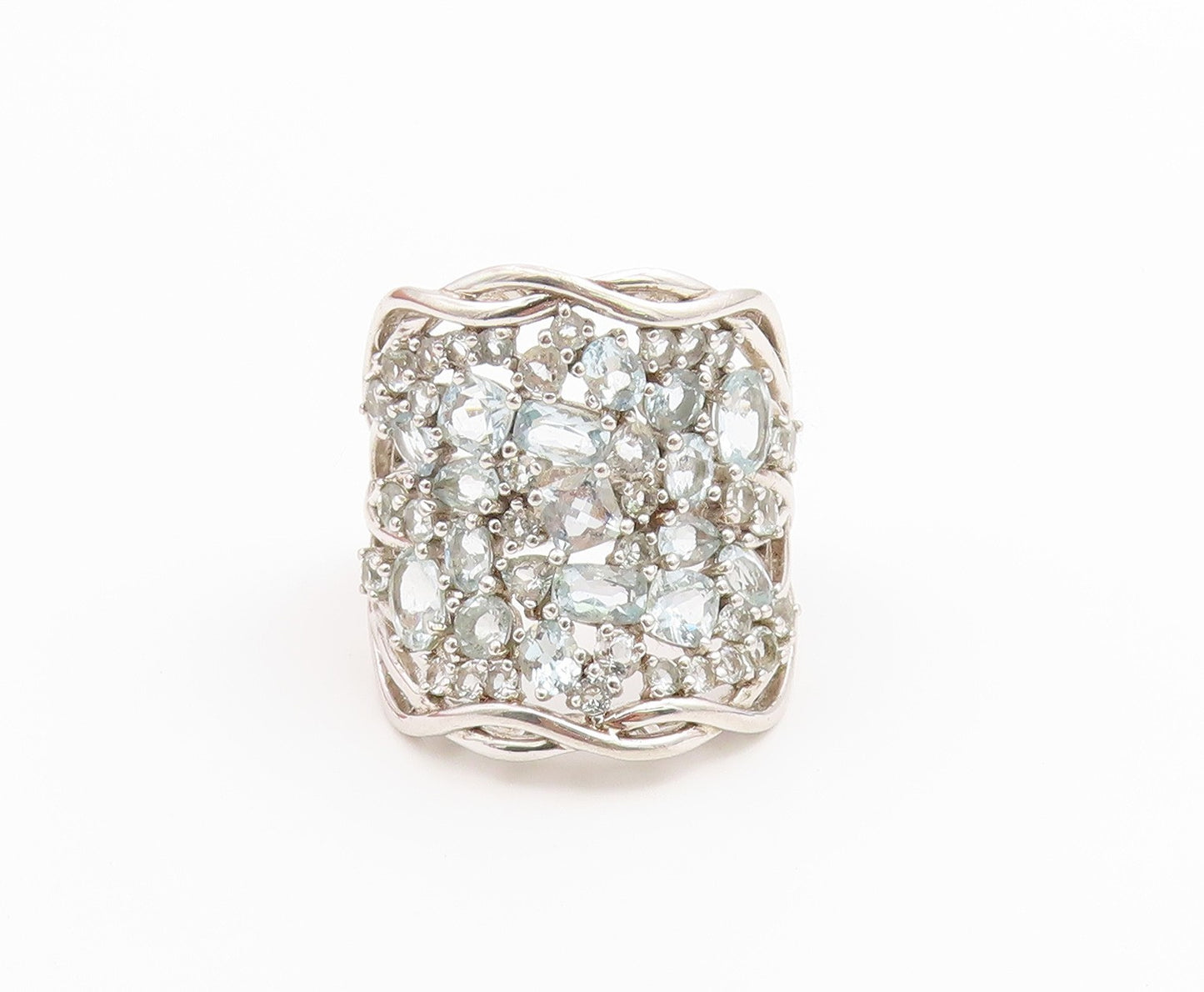 925 Sterling Silver Vintage Ring Aquamarine Cluster Statement Band Sz 12 RG36739