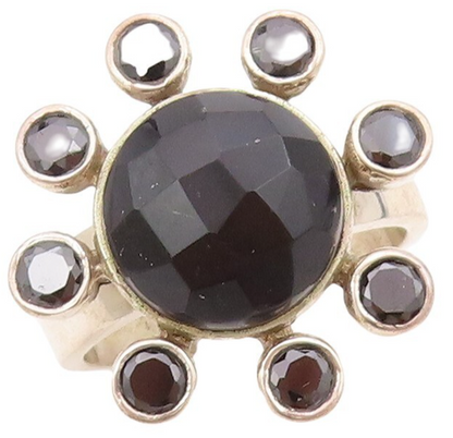 925 Sterling Silver Vintage Ring Solid Cutout Onyx Inlay Flower  Sz 7  RG30732