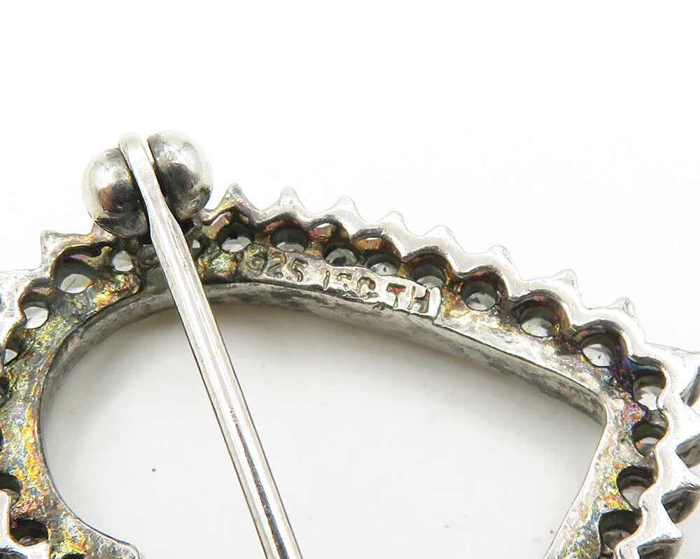 925 Sterling Silver Vintage Cubic Zirconia Open Love Heart Brooch Pin BP6856