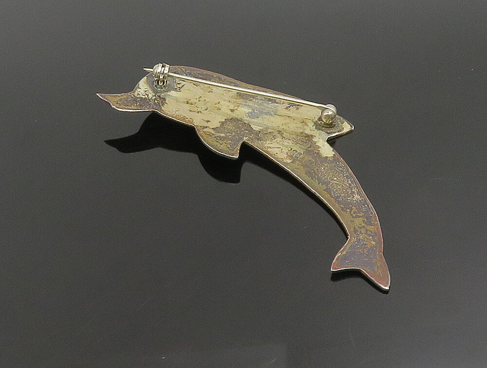 925 Silver  Vintage Carved Dolphin With Turquoise Eye Brooch Pin  BP9545