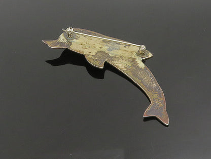 925 Silver  Vintage Carved Dolphin With Turquoise Eye Brooch Pin  BP9545