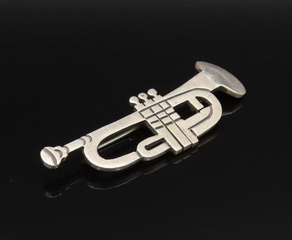 MEXICO 925 Silver  Vintage Engraved Trumpet Instrument Brooch Pin  BP9815