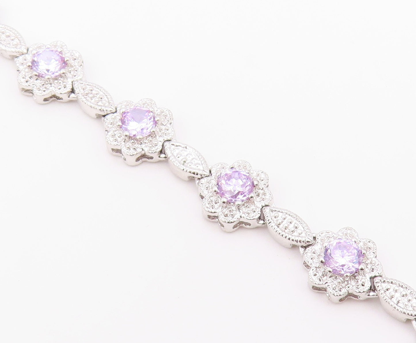 925 Sterling Silver  Shiny Purple Cubic Zirconia Floral Chain Bracelet  BT7366