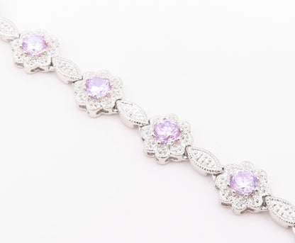 925 Sterling Silver  Shiny Purple Cubic Zirconia Floral Chain Bracelet  BT7366