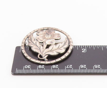 925 Sterling Silver  Vintage Single Flower Motif Round Brooch Pin  BP3785