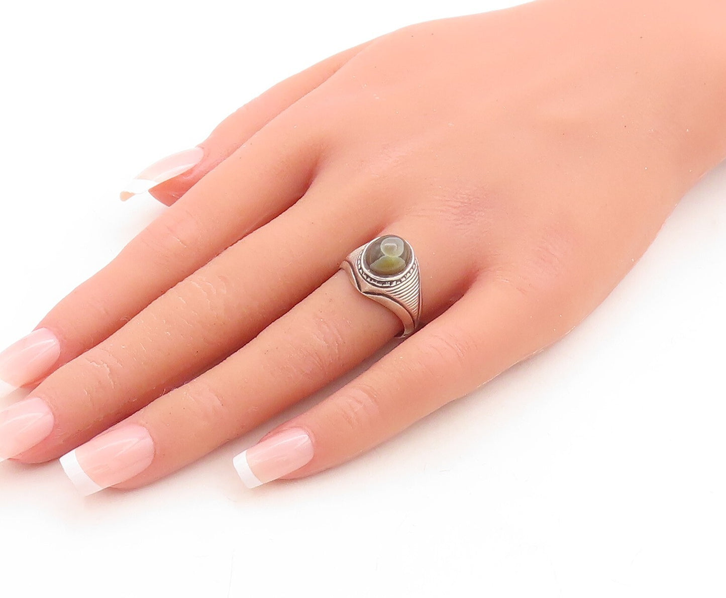 925 Sterling Silver Vintage Ring Antique Etched Gemstone Inlay  Sz 7.5  RG31537
