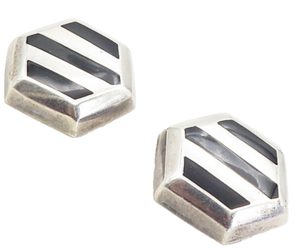 MEXICO 925 Sterling Silver Vintage Black Onyx Hexagon Non Pierce Earrings EG4591