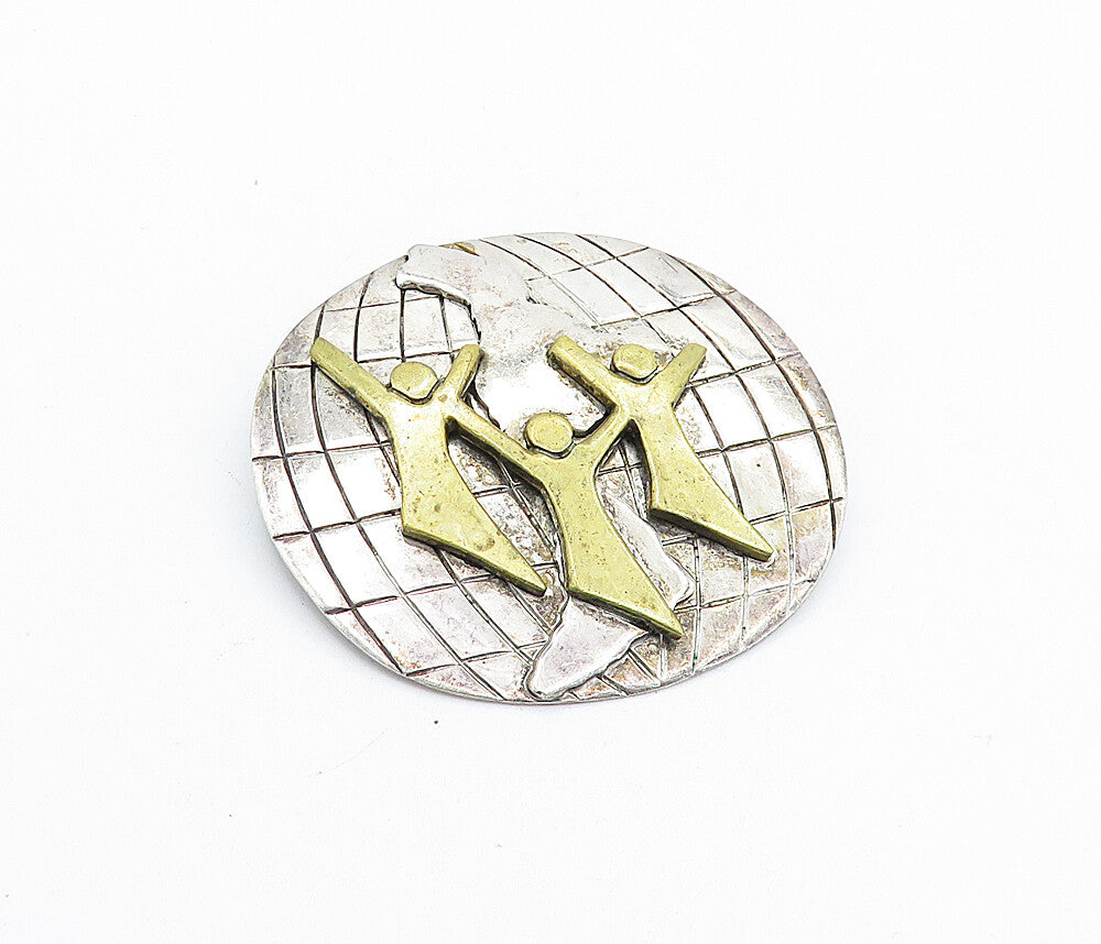 MEXICO 925 Sterling Silver  Vintage Two Tone Globe & People Brooch Pin  BP2387