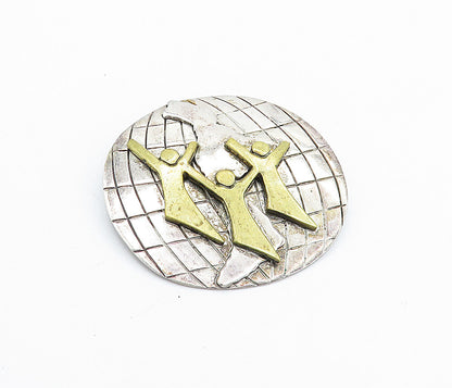 MEXICO 925 Sterling Silver  Vintage Two Tone Globe & People Brooch Pin  BP2387