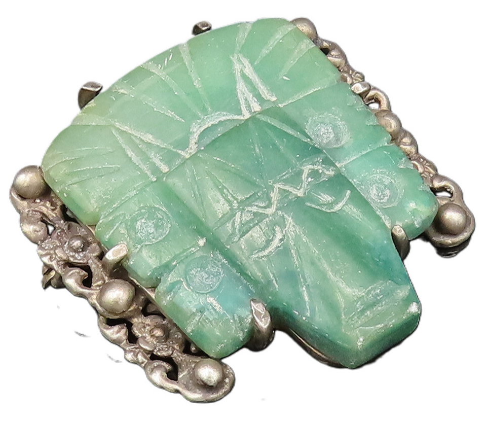 925 Sterling Silver Vintage Jade & Beaded Aztec Warrior Head Brooch Pin BP10009